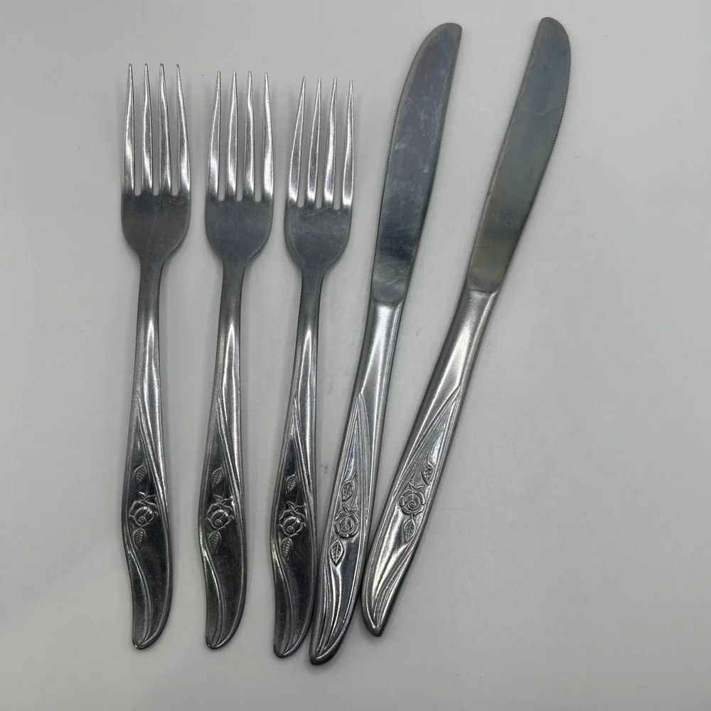 Utica ROSE Pattern Stainless Flatware USA 3 Forks 2 Knives Vtg silverware LOT